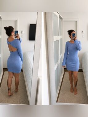 H&M Light Blue Ribbed Open-Back Knit Mini Dress